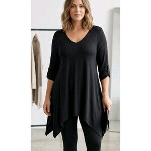 Nine Four One Asymmetrical Black Dress Size L V Neck 3/4 Roll Up Sleeve Rayon